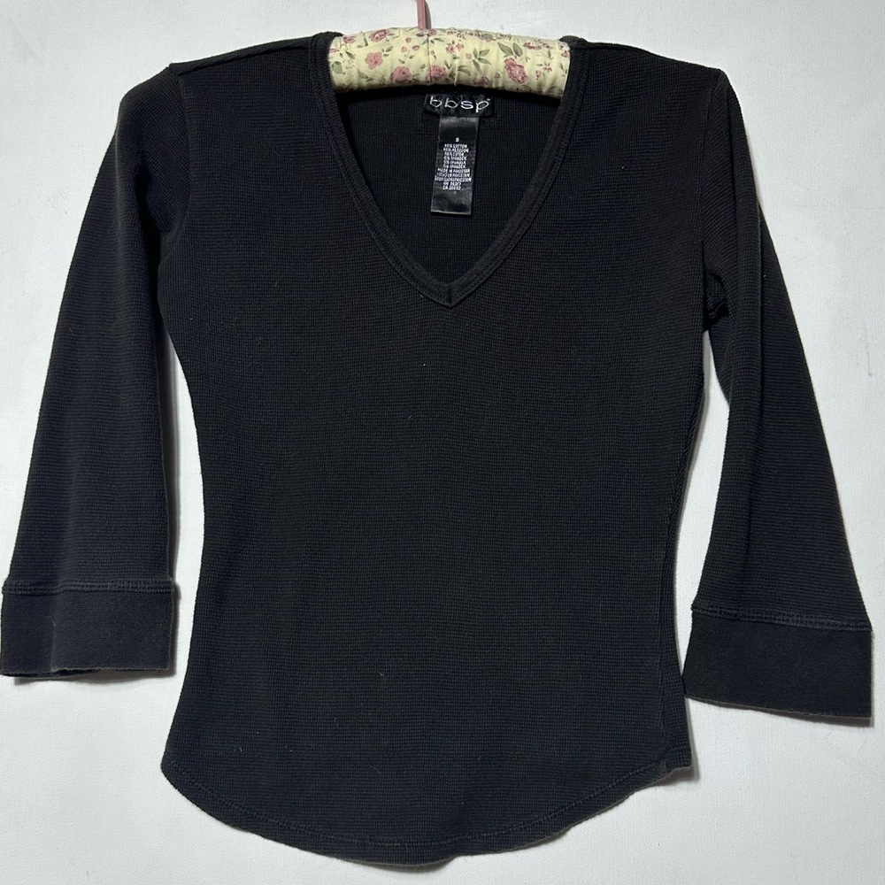 Y2K bb sport Classic Black V-Neck Thermal 3/4 Sleeve Top